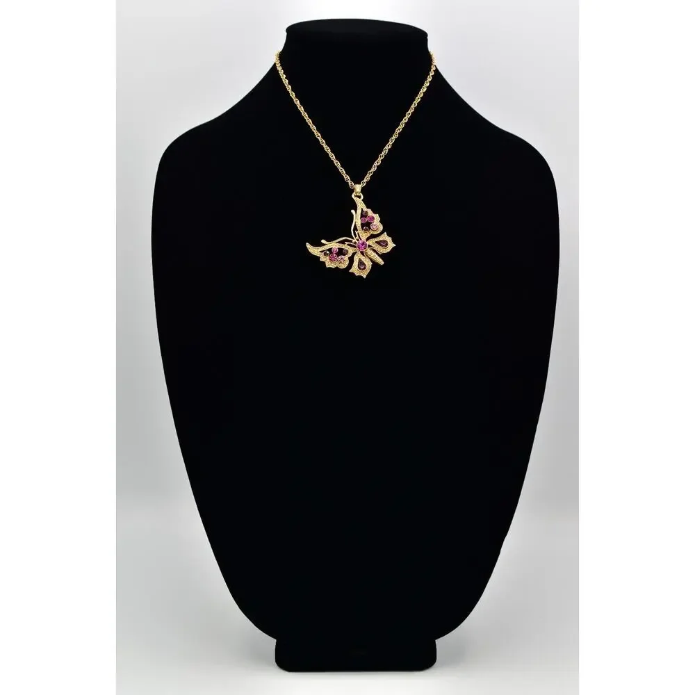 1928 Butterfly Pendant Necklace Purple Rhinestone Crystal Magenta Gold 90s BinBJ